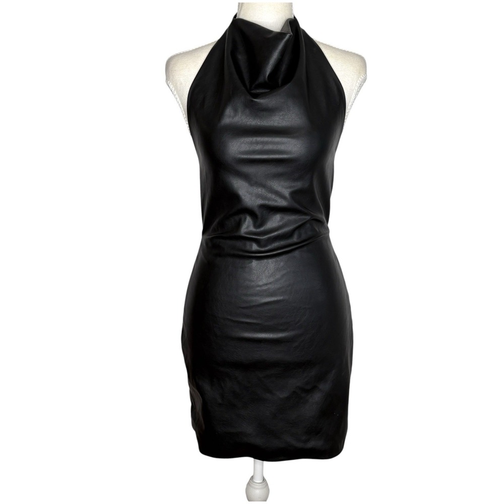 Zara Faux Leather Halter Dress XS Going Out LBD Open Back Mini Bodycon 8698